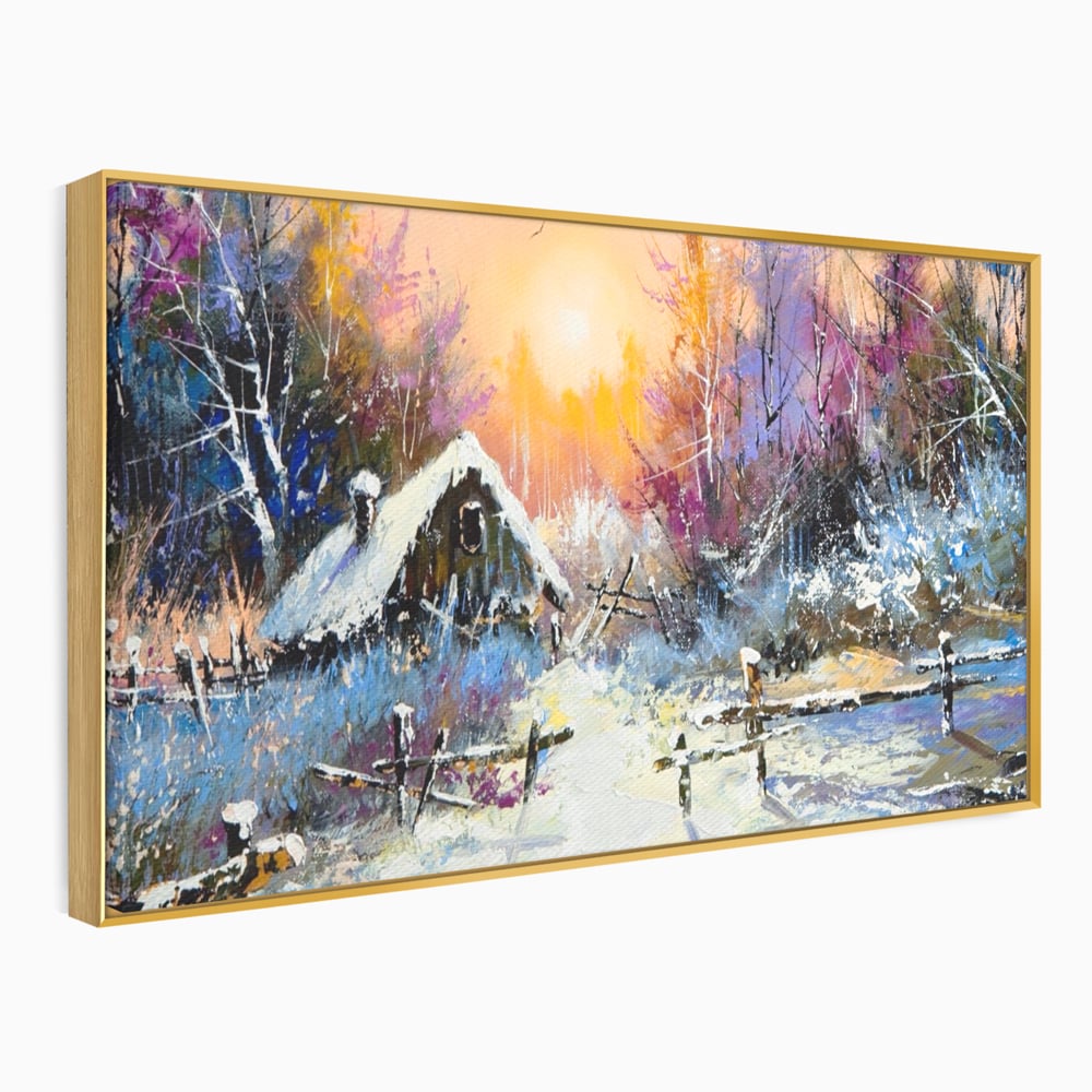 Tablou canvas cu tablou canvas cu peisaj de iarna, in rama de aluminiu auriu